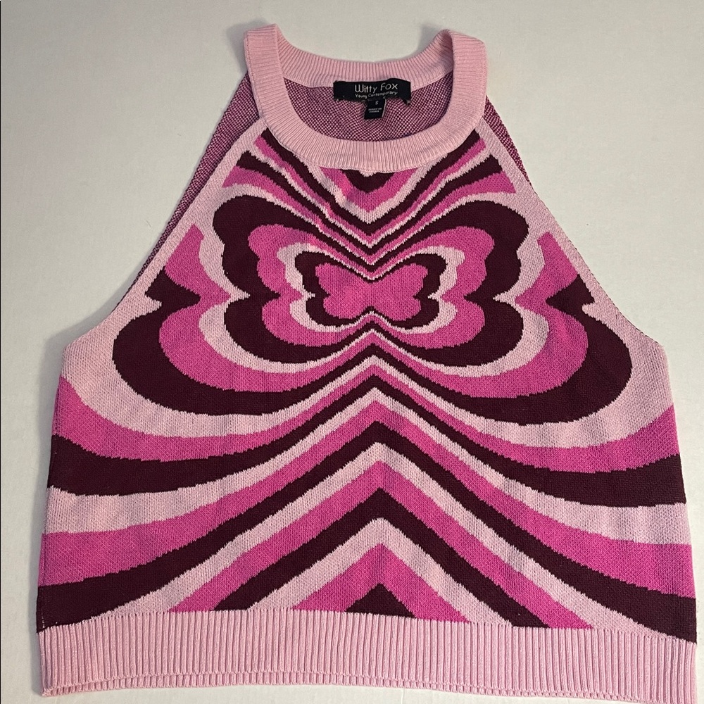 Witty Fox Butterfly Cropped Sweater Around the Neck Tank Women’s Size S Pink Y2K